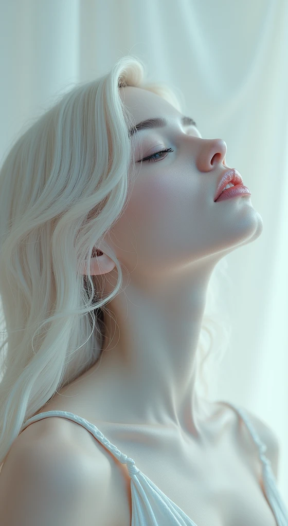 depict a surreal portrait of a woman, her head dramatically titled back against a stark white background, her hair and features should be exaggerated with smooth, flowing lines and her skin should have an ethereal glow, use a palette of pastel shades to create a serene and otherworldly atmosphere, photorealistic, 4K UHD, rich detailing --ar 9:16 --style raw --v 6.1