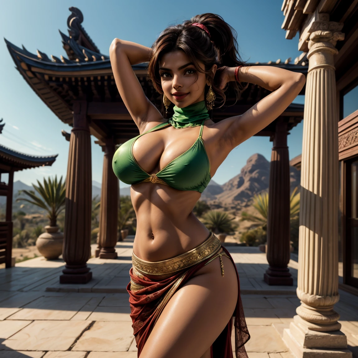 priyanka chopra, Realistic, photorealism, photo-realistic, high contrast, 8k high definition detailed realistic, best quality, highly detailed, tanned skin, seductive poses, standing dancing, with her arms above her head, in a dessert, near a temple, skinny body, anorexic, enormous breasts, barefoot, mouth veil, midriff, dancer, (green) belly dancer, skirt with open thighs, turtleneck top no sleeve, mouth veil, belly dancer glove, high ponytail, smile, camel toe.