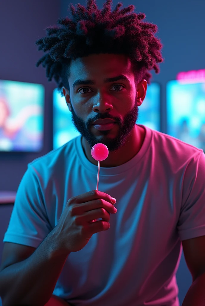 A 4D image of a  black male who is not thin, curly hair is not stylish, eyes browns, sem beard, Wear casual clothes, t - shirt, standing in the gamer room, right hand holding a lollipop, For large and close-up images. high resolution.