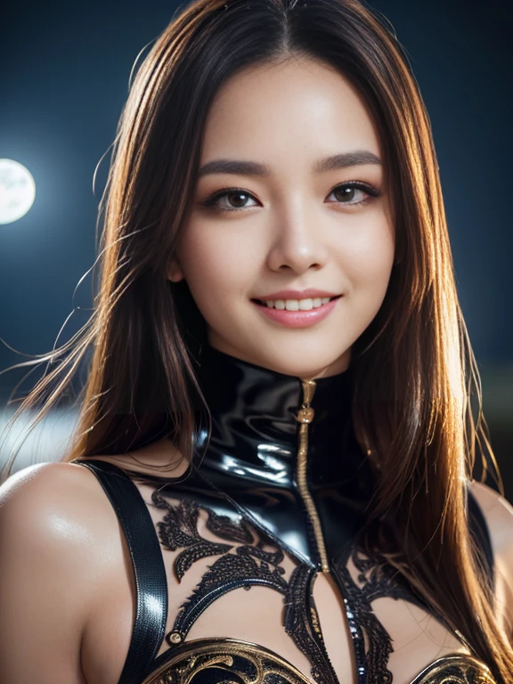 Latex bodysuit、Knee-high boots、Huge 、Long brown hair、Shiny, Oily skin、Glowing Skin、Indoor competition pool、White skin、 Body Portrait, 8k, Narrow and beautiful eyes, Dindal effect, masterpiece, 最high quality, high quality, High resolution, Very detailed photos, (Natural skin texture, Fine skin, Hyperrealism, Ultra Sharpness) , Skin with attention to detail, (Very fine, Fine skin texture, Intricate details, Beautiful Face, (A vivid face), Realistic eyes, Beautiful and detailed, Realistic Skin, Beautiful Skin, surreal, Very detailed, Golden Ratio, Smiling Eyes, ((Night moonlight background)), Body Portrait, glamorous, Shiny Bodysuit
