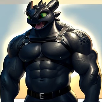 Create a Grey Smooth scales liying on his back on the Grasso toothless sexually aroused tight fit harness ring on bulky swollen pecs screaming pleasure text and sacred face of growing up growing bigger long comic od bigger and more massive muscular Toothless fucking hard in mount mouth Spyro The dragon story Before and after a Huge growing muscles story ripping harness głowing Spyro the dragon packed muscular anthro Toothless standing and muscular anthro Spyro the dragon standing each other and masturbating Looking scared of situacion wearing tight harness on body BDSM bondage huge cock even more muscular anthro dragon pleasure moan bigger Toothless muscular Furry depicted as Toothless from How to Train Your Dragon. His body is entirely covered in black, shimmering scales, and his eyes gleam with a bright, emerald green hue. His chest is well-defined and powerful, and he has noticeable breasts, adding to his unique appearance. With a contented expression on his face, Toothless appears calm and sexually aroused. Despite his intimidating appearance, he maintains a playful and cheerful demeanor. [ A fully-realized, scaly Furry interpreted as Toothless from How to Train Your Dragon. His body boasts an impressive musculature, all hidden beneath glossy, coal-black scales