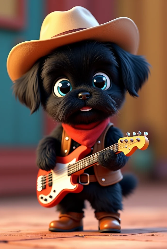 Black shih tzu puppy blue eyes dressed as a cowboy playing the bass sixth 3D pixar style