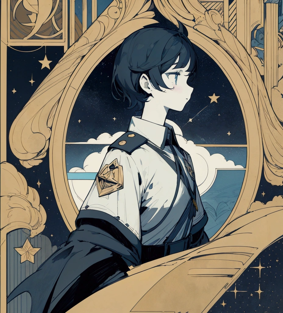 The image is a stylized illustration featuring the silhouette of a character with short hair., looking left. The character appears to be wearing some sort of uniform with visible details such as a collar and what appears to be a badge or emblem on the chest area.. Behind the silhouette, There is an intricate design that resembles a compass or star pattern with multiple points extending outward. The background contains geometric shapes and stars, suggesting a celestial or magical theme. The entire image is framed by an ornate border that adds a decorative touch to the art..