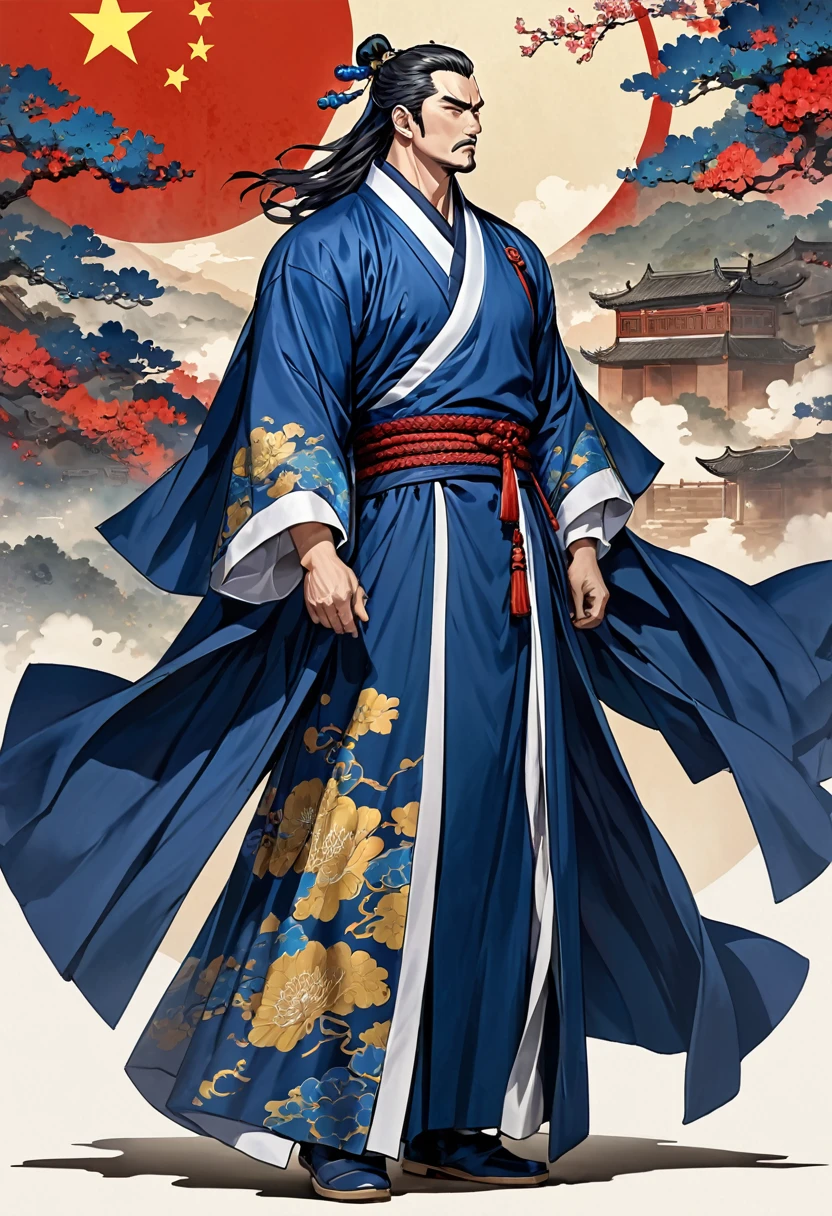 china 전통 의상, dark blue clothes, china, Three Kingdoms Jojo, Long robe, middle aged man, Full body exposed, Looking to the side, Don&#39;t turn your head, Only one person comes out, Monochromatic clothes