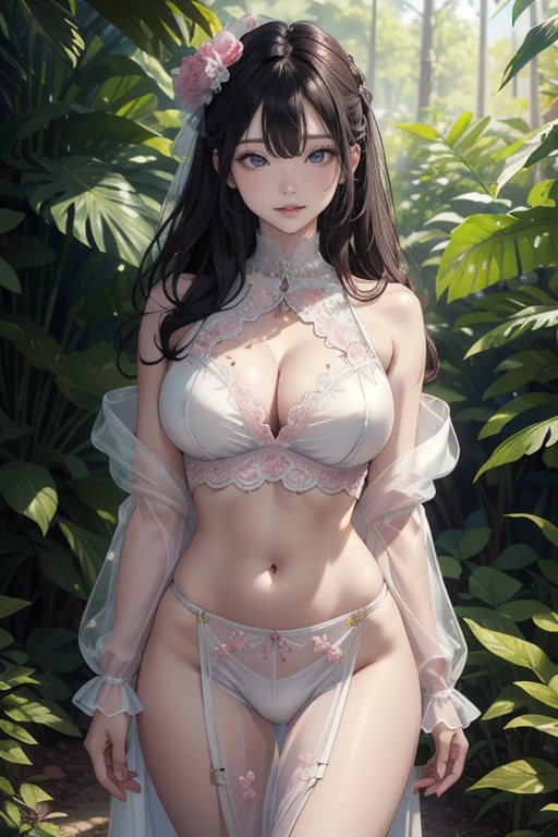(masterpiece:1.2, highest quality), realistic, (real picture, intricate details, pink high neck dress), parted lips, very detailed, perfect face, perfect body, large model,Background in the forest、transparent ature woman、tall、long legs、Separate the upper and lower costumes、brightly colored drawings、Clothes with a wide open chest、revealing costumes、Clothes that expose the belly buttony the upper body is dressed up、random hairstyle、big breastnt lace costume、embellished costume、Clothes that expose the belly button、