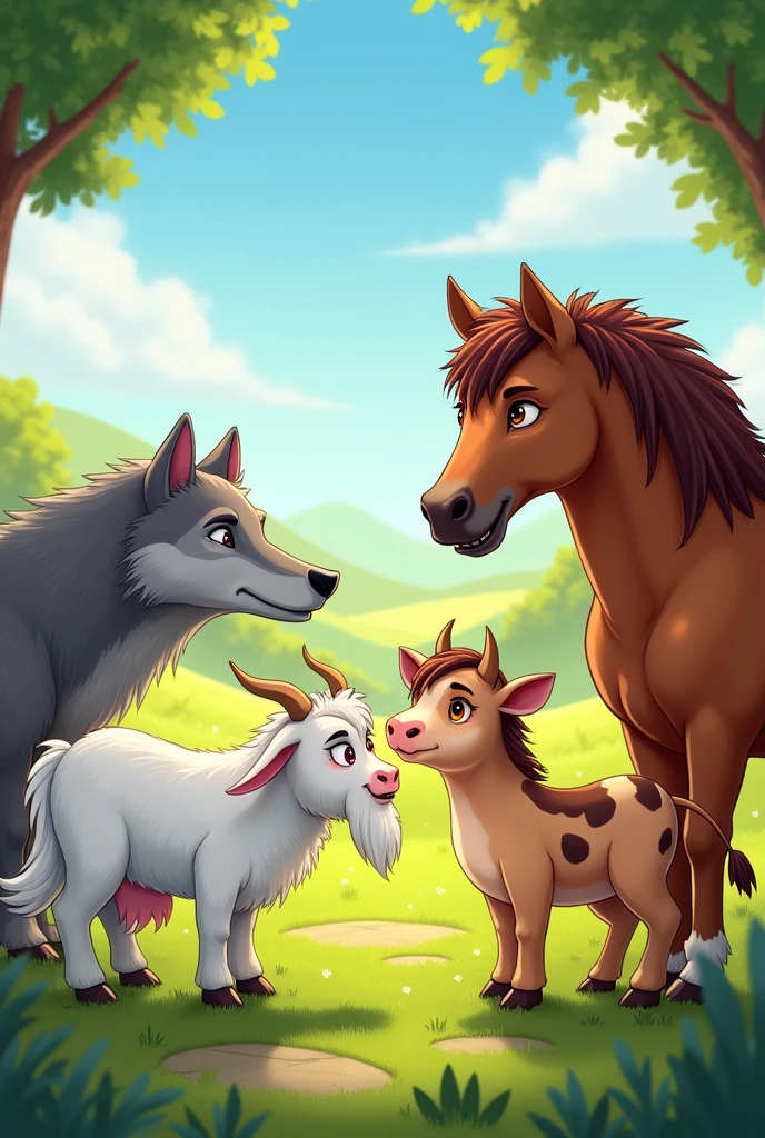 Goat and cow and wolf and Horse pic