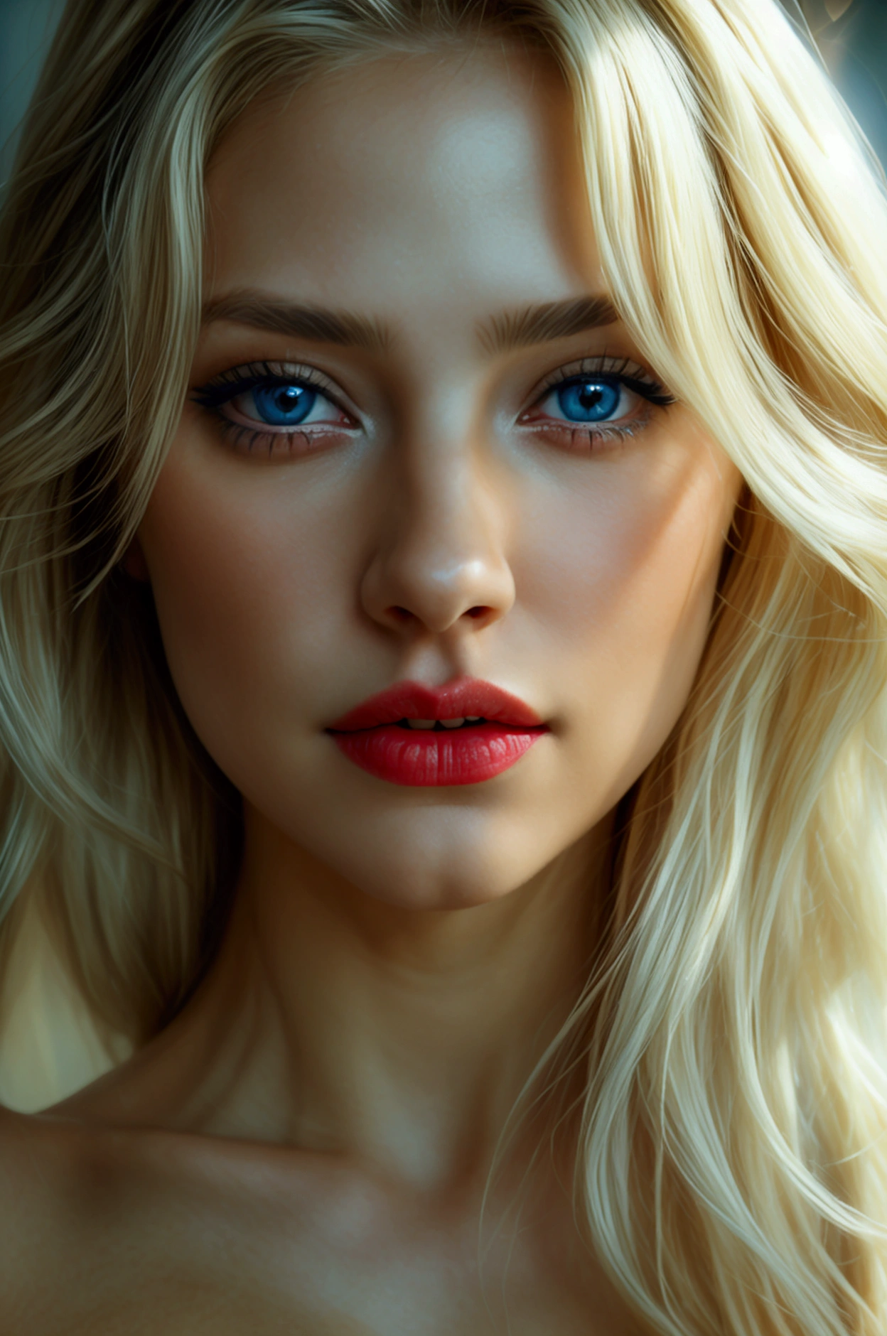 She is a very attractive and beautiful woman with long blonde hair, blue eyes, red lips and a hairless vagina.