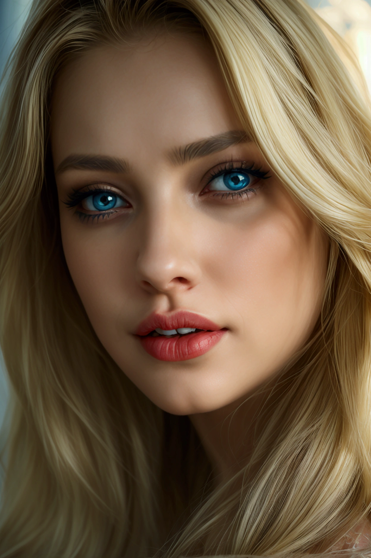 She is a very attractive and beautiful woman with long blonde hair, blue eyes, red lips and a hairless vagina.