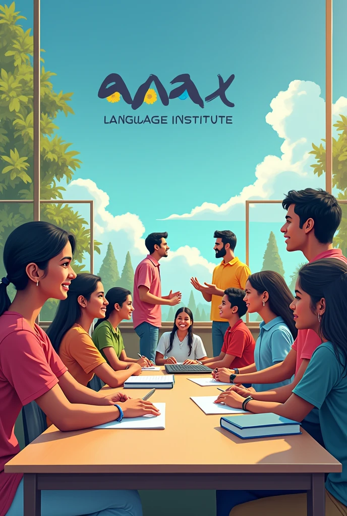 I need advertisement image for the Apex language institute, showcasing a vibrant and engaging learning environment with students and teachers. This visual captures the essence of learning Tamil, English, Hindi, and Malayalam. Add text Institute name Apex computer Education.