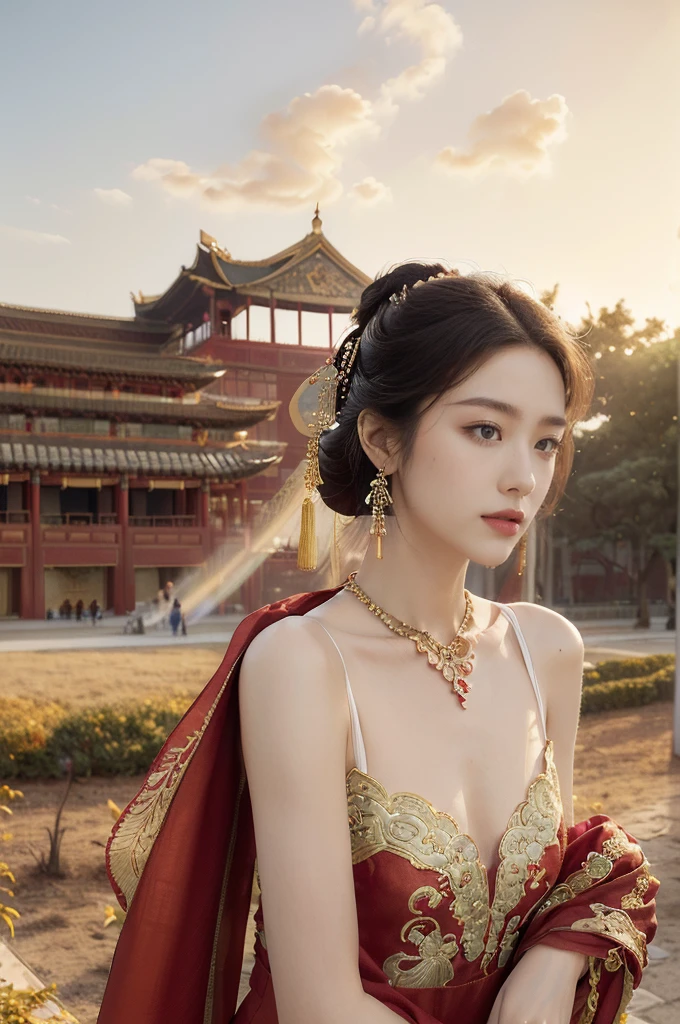 (((best quality))),(((ultra detailed))),(((masterpiece))),illustration,((1 beautiful girl,solo)),(neat bun:1.2),(fair skin:1.3),((slim,thin)),((earrings,necklace)),((small breasts,flat chest)),(bright almond-shaped eyes:1.3), graceful and elegant aura,(strapless gorgeous exquisitely embroidered red bra:1.5),gold trimmings,(ancient Chinese city scape:1.3),(on spacious square:1.3),(outside the towering magnificent palace-like castle:1.3),(outdoor:1.3),gold trimmings,intricate carvings, delicate decorations,((clear sky, fluffy clouds)), warm sunlight, crisp refreshing breeze, serene expression, peaceful atmosphere, surrounding beauty,((vibrant October,autumn)),((from front,close-up of face))