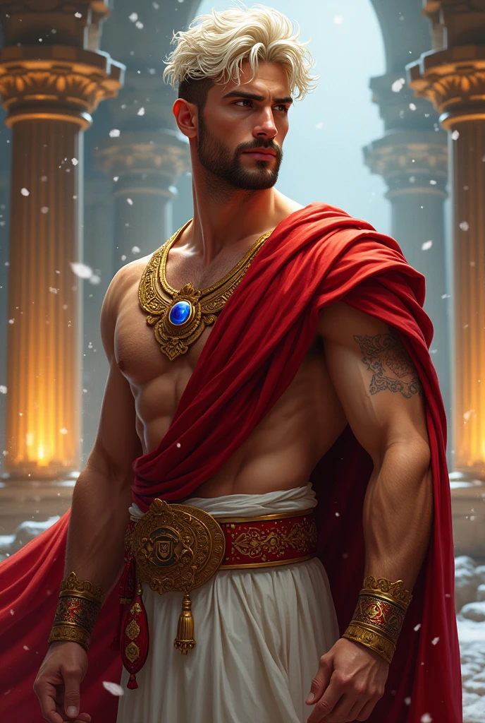 ((artwork)) ((body completo)) ((30 year old man)) body: brownish skin, high, muscular, ((body hair)) ((platinum ruby hair)) male face, barba, beautiful eyes, detailed eyes ((Gold colored eyes)). Expression: Seductive, sonrisa Seductive. CLOTHES: Red Greek Cape, TOGA BLANCA, Gold ornaments, greek prince ornaments. pose: dynamic. scene: greek temple, Greek columns. Decor: winter, decoración de winter brillante, Wonderful lighting. 