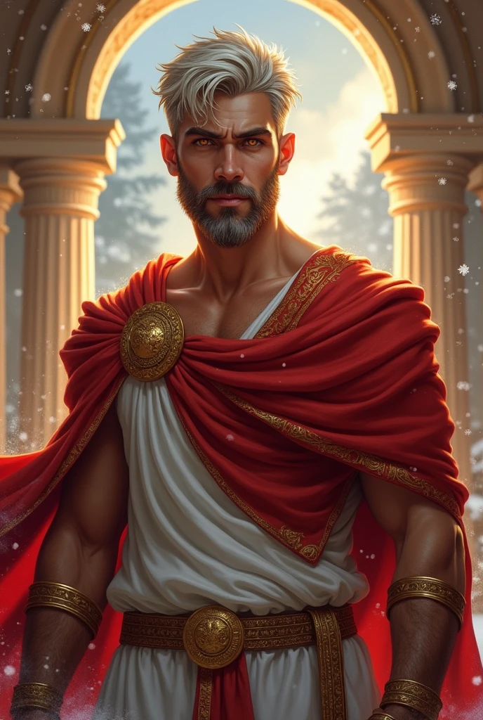 ((artwork)) ((body completo)) ((30 year old man)) body: brownish skin, high, muscular, ((body hair)) ((platinum ruby hair)) male face, barba, beautiful eyes, detailed eyes ((Gold colored eyes)). Expression: Seductive, sonrisa Seductive. CLOTHES: Red Greek Cape, TOGA BLANCA, Gold ornaments, greek prince ornaments. pose: dynamic. scene: greek temple, Greek columns. Decor: winter, decoración de winter brillante, Wonderful lighting. 