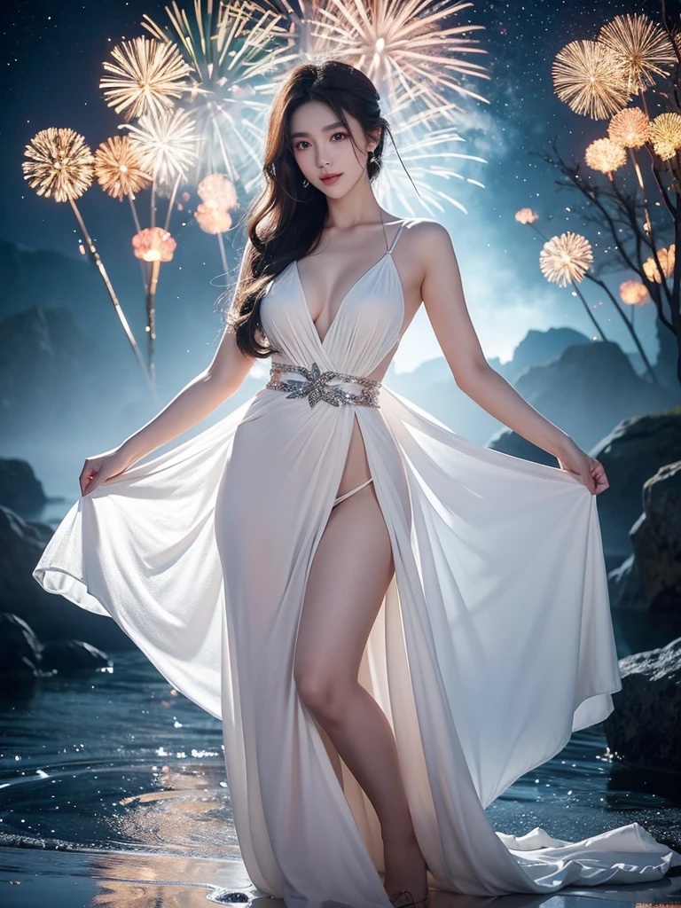 Romantic Rose White Dress 2, Deep in Wonderland,The moonlight falls like water,foggy room,The figure of the heroine is vaguely visible,Just like the fairy in the painting,Slender sexy legs,Very beautiful legs,Show sexy,Large Breasts,Beautiful with a hint of mystery。Her face is beautiful and delicate,Like finely carved jade,Showing otherworldly beauty。picturesque eyebrows,The waves in my eyes are like twinkling stars,Show the light of perseverance and wisdom。The bridge of the nose is straight,Lip color like cherry,The slightly raised corners of the mouth reveal confidence and calmness。Her face is chiseled,Skin as fair as jade,Reveal a healthy glow,like a fairy, She never eats fireworks in this world。Her makeup is light and delicate,No excessive embellishment,But enough to show her temperament and charm。Light-colored foundation brings out the transparency of the skin,A light eyebrow pencil outlines her perfect eyebrow shape,Eye makeup is eye shadow and eyeliner,Make her eyes brighter and more energetic。嘴唇涂上elegant的口红,Adds a bit of charm and sophistication。她白色透明的衣服elegant别致,Clothes flying,It seems like it will be blown up by the wind at any time,drifting into the distance。既不失elegant,Also showed off her extraordinary skills。A wide belt is tied around the waist,There is a crystal clear jade pendant hanging on it,Swinging with her movements。Her hair is tied back casually,Protect it with hostas,A few strands of hair flutter gently in the wind,Adds a bit of softness。Her figure is looming in the fairyland,宛如一道Large Breasts Beautiful的风景线,Attracted everyone's concern。She seems to be a fairy in wonderland,Large Breasts Beautiful、elegant、mystery、and full of power。8k,beautiful hands、foot,like a fairy'Perfectly natural fingers,foot指。