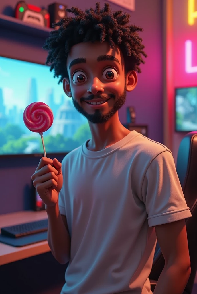 4D image of a  black male who is not thin, curly hair is not stylish, eyes browns, clean  face, sem beard, Wear casual clothes, t - shirt, standing in the gamer room, right hand holding a lollipop, For large and close-up images. high resolution.