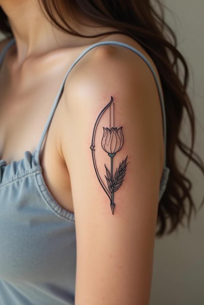 A small tattoo on the arm with:
-a bow and arrow -a blade of wheat -a tulip -a scorpion