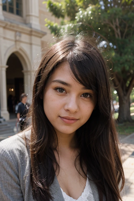 Give a 4 picture of a beautiful girl who is studying at Stanford University with friends in the field.
