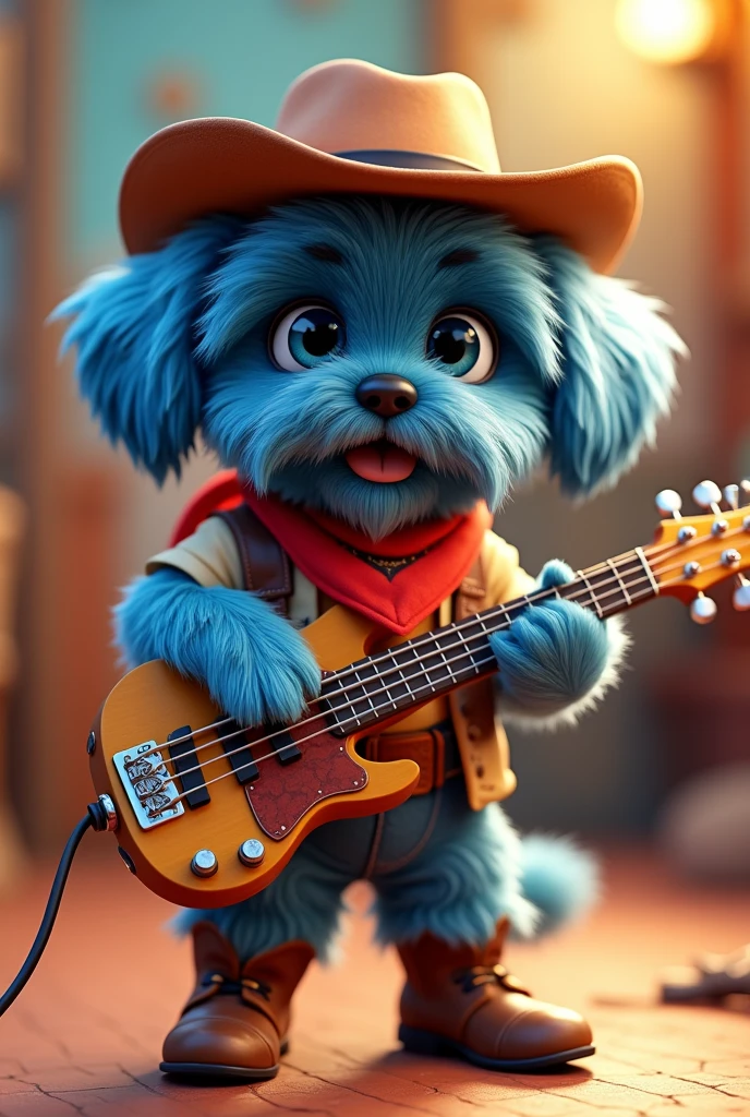 Blue shih tzu puppy blue eyes dressed as a cowboy playing the bass sixth 3D pixar style