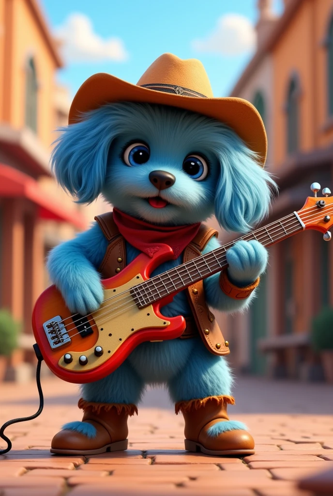Blue shih tzu puppy blue eyes dressed as a cowboy playing the bass sixth 3D pixar style