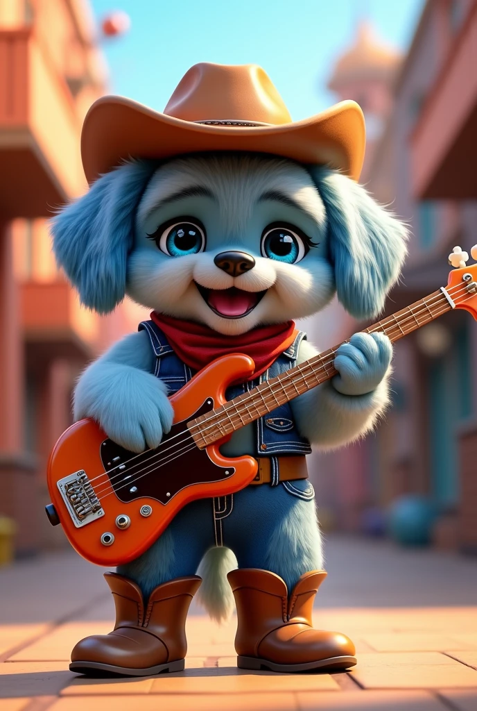 Blue shih tzu puppy blue eyes dressed as a cowboy playing the bass sixth 3D pixar style