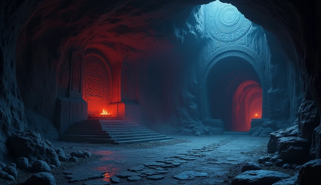 (masterpiece), (best quality), (The finest details), (General view from a distance), (Main colors: Dark Blue), (Secondary Color: Red), A cave with spells carved on it,unmanned,magnificent,dark,Red glow,Chamber of Secrets,Sacrifice,chain,night, shadow (detailed, Strong contrast),