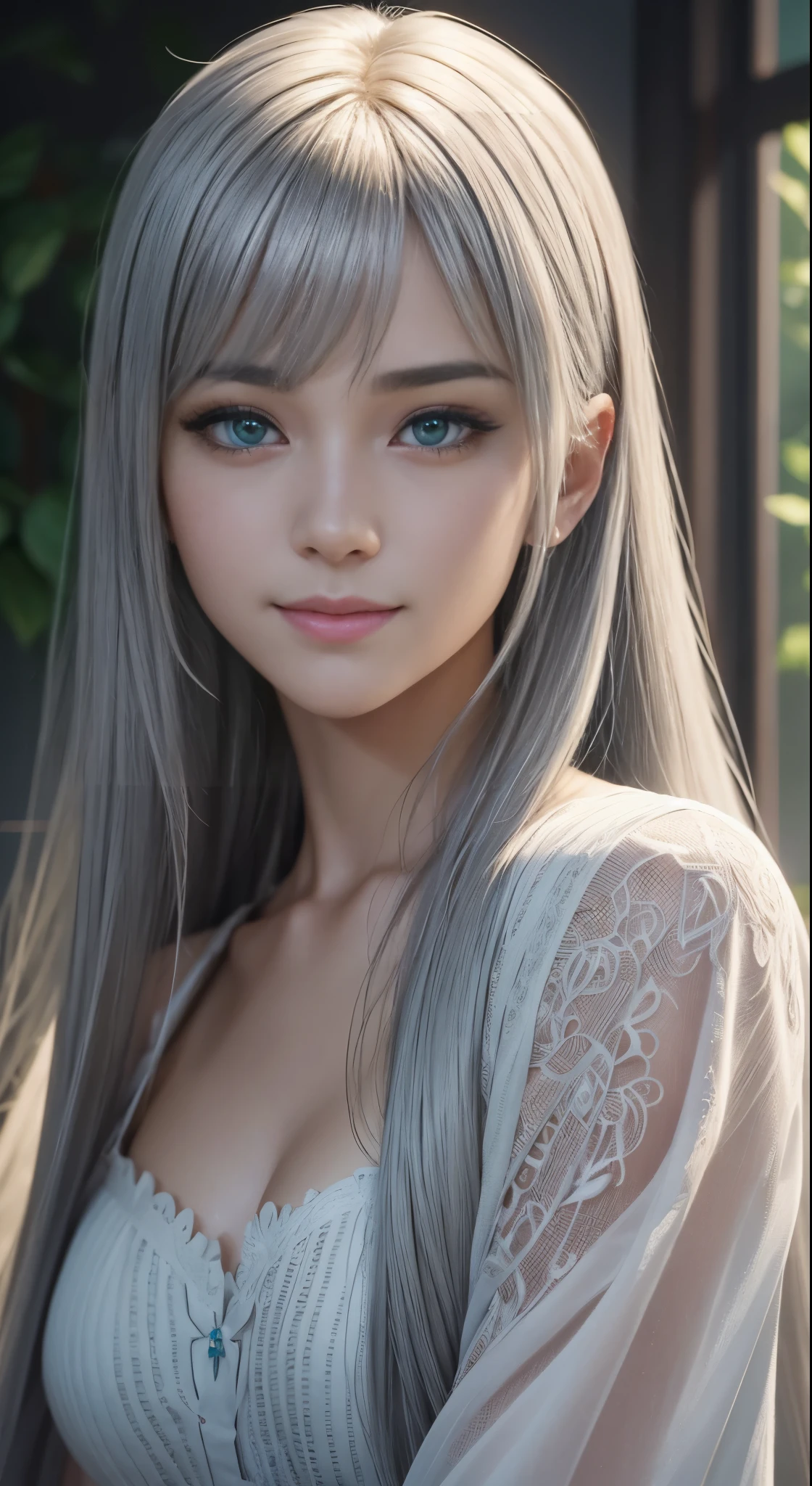 Ultra-detailed and intricate 3D rendering of a beautiful anime character, Beautiful soft studio light, Rim Light, Vivid details,Gorgeous, race, Ultra-realistic, Silver Hair, Ultra-realisticな中世の世界で親密な部分を表現, from front, looking at viewer, Shy Smile, A age cute girl, long straight, bangs, Pale, green eyes, uhd, masterpiece, accurate, anatomically correct, beautiful face, perfect face, highly detailed beautiful face and eyes, attractive face, textured skin, super detail, high details, high quality, highres, best quality, 16K