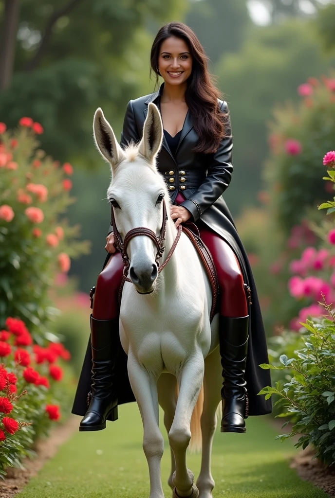 A beautiful smart Indian Police Commissioner Bride is riding a white donkey in a wedding garden. She is well dressed in leather dark red suit pant , black leather collar up coat & black leather plain thigh high heeled boots . She is happily holding a leather cane stick among people . Focus on facial expressions & thigh boots .