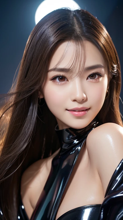 Latex bodysuit、Knee-high boots、Huge 、Long brown hair、Shiny, Oily skin、Glowing Skin、Indoor competition pool、White skin、Upper Body、Close-up of face、Beautiful woman in kimono,Body Portrait、8k,Beautiful and beautiful eyes,Dindal effect、masterpiece, 最high quality, high quality, High resolution、Very detailed photos、(Natural skin texture、Fine skin、Hyperrealism、Ultra Sharpness)、Skin with attention to detail、(Very detailed、Fine skin texture、Intricate details、Beautiful Face、(Lively Faces)、Realistic eyes、Beautiful and detailed、Realistic Skin、Beautiful Skin、Surreal、Very detailed、Golden Ratio、With a smile、((Night moonlight background))、Body Portrait、Shinyボディスーツ
