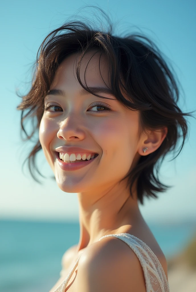 Beautiful woman, short hair, smiling, soft natural skin, Dreamy closeup of a woman in the blue sky. Bright diffused light.