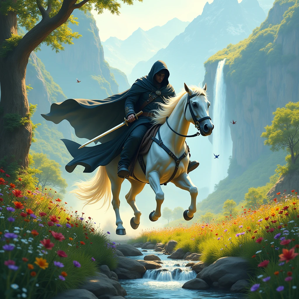 **Central Figure: Cabuliwala on a White Horse**
- **Positioning**: The Cabuliwala should be shown riding the pure white horse at full speed across the scene. The horse’s tail and mane should be flowing dynamically to emphasize the motion. The Cabuliwala's black cloak with white accents should be designed to flow naturally with the movement of the horse, making sure the head and face are entirely obscured by the hood. The sword should be prominently displayed, either in hand or sheathed at the side, to ensure it’s not missed in the image.
**Background Elements:**
- **Road**: Illustrate a narrow, uneven path with scattered stones or gravel to highlight the rugged terrain.
- **Vegetation**: Include trees with vibrant green leaves and a variety of blooming flowers in red, yellow, purple, and blue to create a rich and colorful backdrop.
- **Stream**: Show a clear stream with visible rocks underwater and gentle ripples to add a sense of tranquility.
- **Field**: The vast green field should have tall grass and wildflowers to enhance the sense of open space.
- **Mountains and Waterfall**: Depict majestic mountains with a cascading waterfall, emphasizing the dynamic movement of the water and a misty base for depth.
**Additional Details:**
- **Birds**: Add small, colorful lovebirds either flying or perched on branches to add liveliness.
- **Lighting and Atmosphere**: Use soft, golden light to create a serene, magical atmosphere. Shadows should enhance the depth of the scene.
- **Color Palette**: Ensure a harmonious color scheme with high contrast between the black and white cloak of the Cabuliwala and the vibrant colors of the background.
**Special Note**: Make sure the horse is shown galloping through the field with its tail and mane dramatically flowing in the wind. The Cabuliwala's cloak should flow in harmony with the horse’s movement. The sword should be clearly visible, ensuring it stands out against the dynamic background.