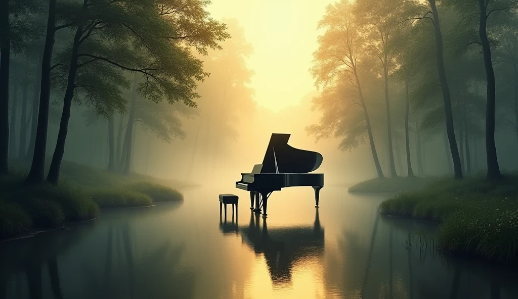 Tall tree々The painting depicts a landscape of a large black grand piano set in a forest reflected in the calm water.。The atmosphere is shrouded in mist、The light shines through the fog、Creates a warm golden glow。This image captures the peace and beauty of nature.、Fog and reflections evoke feelings of serenity and introspection.