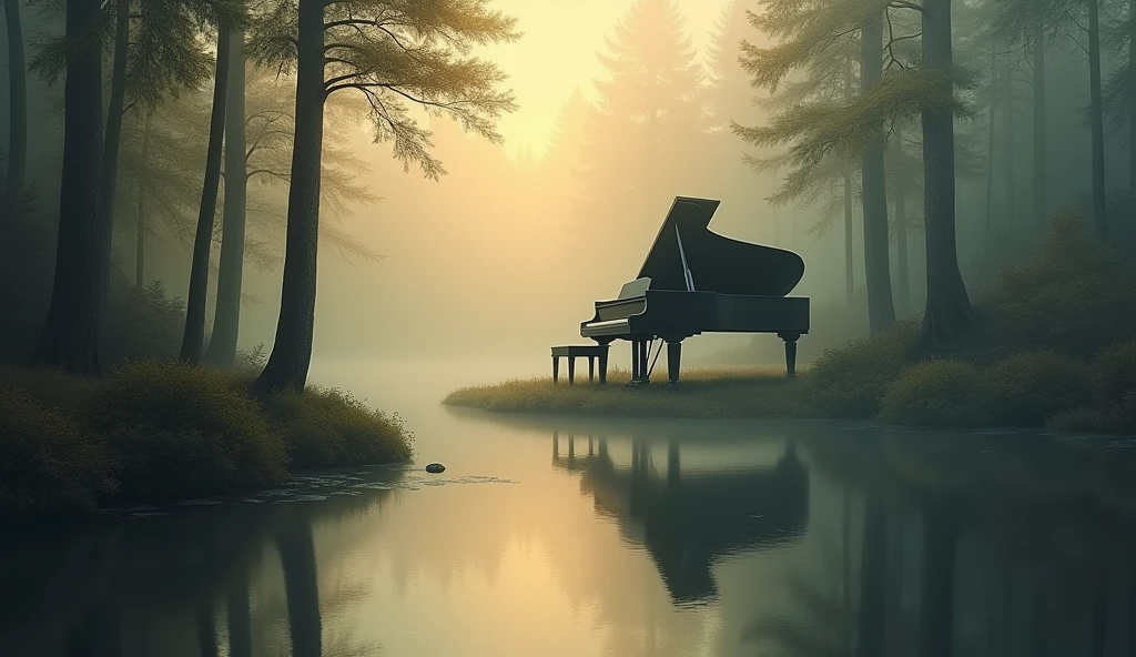 Tall tree々The painting depicts a landscape of a large black grand piano set in a forest reflected in the calm water.。The atmosphere is shrouded in mist、The light shines through the fog、Creates a warm golden glow。This image captures the peace and beauty of nature.、Fog and reflections evoke feelings of serenity and introspection.