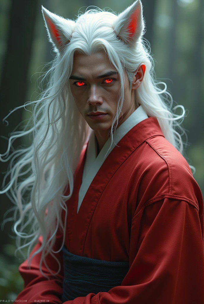 Man with white hair, red eyes, dog ears, wearing a kimono