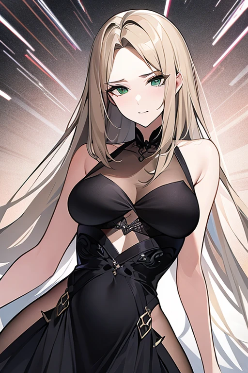 (ultra detailed, absolutely resolution, best quality:1.3), 2.5D, beautiful lady, fleeting and sad expression, light brown messy layered straight hair, forehead, (attractive and seductive) and (amorous and lewd) face, make-up, wearing black slingshot-dress, glamorous proportions, background dim bar, delicate and dynamic effects, foggy filter effects, iridescent lighting effects, artistic, hyper, graphic CG digital art, BREAK green eyes