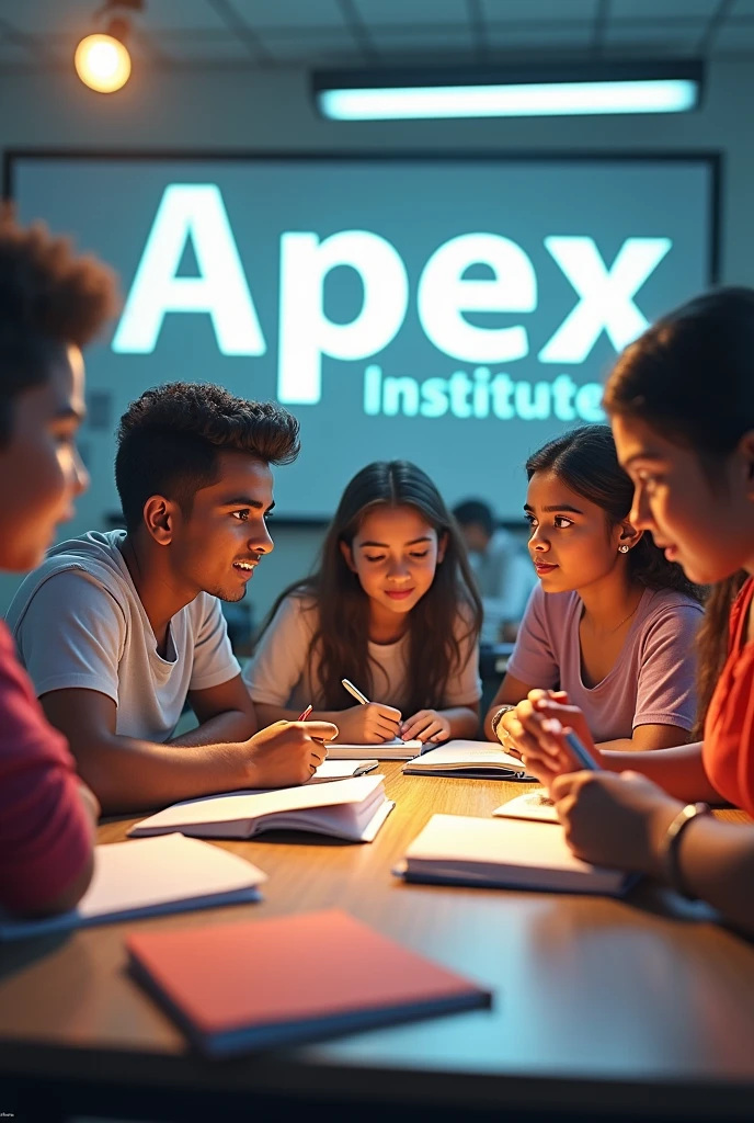 I need advertisement image for the Apex language institute, showcasing a vibrant and engaging learning environment with students and teachers. This visual captures the essence of learning Tamil, English, Hindi, and Malayalam. Add text Institute name Apex computer Education. Realistic 3D image 