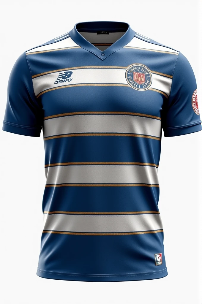 Create a jersey design with following ideas
Design: Horizontal stripes across the chest area in alternating blue and white.
Details: Use a vintage font for the team name and numbers, and add a thin golden or silver stripe between the blue and white.
Logo Placement: Embroidered above the stripes or placed on the sleeves