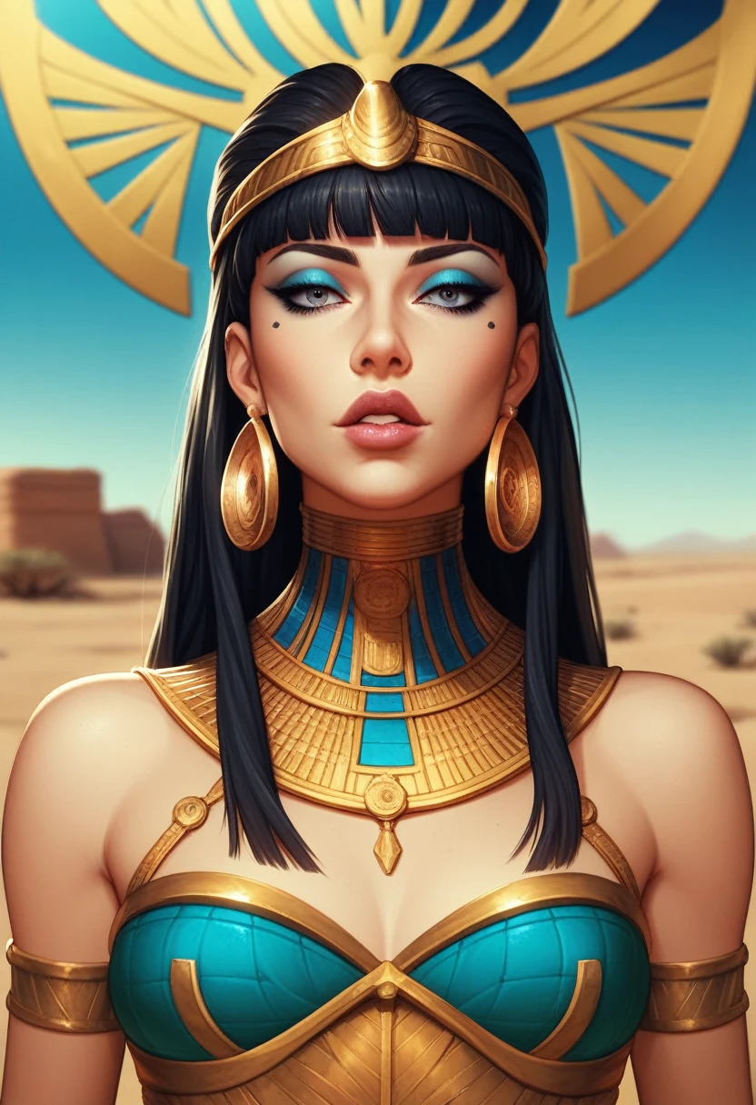 A photograph of Cleopatra with natural skin, short and voluminous black hair, sharp eyes with blue eyeshadow, a thin and upturned nose, shapely lips, an hourglass body shape, typical clothes, and makeup, intricately maximalist-detailed, vibrant, epic, smooth, cinematic, 4K, backlit, fantasy desert background, and a shallow depth of field.