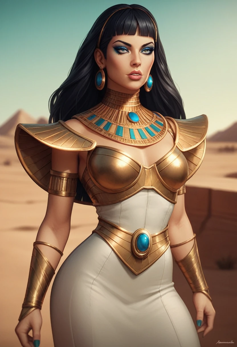 A photograph of Cleopatra with natural skin, short and voluminous black hair, sharp eyes with blue eyeshadow, a thin and upturned nose, shapely lips, an hourglass body shape, typical clothes, and makeup, intricately maximalist-detailed, vibrant, epic, smooth, cinematic, 4K, backlit, fantasy desert background, and a shallow depth of field.