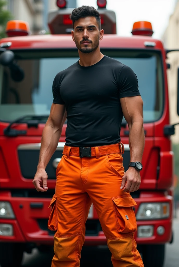 Malaysia guy age 2s. Handsome Man wear Blackshirt. Cargo pant orange firefighter jumpsuit wear tight in . Very muscle body. Standing on Firetruck.