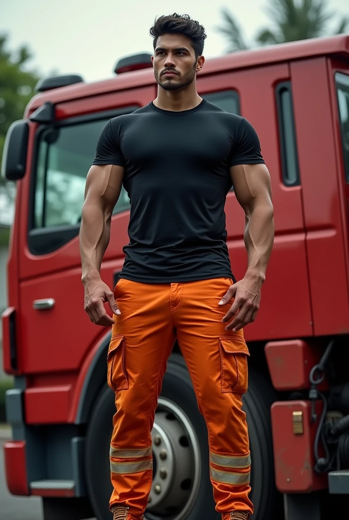 Malaysia guy  2s. Handsome Man wear Blackshirt. Cargo pant orange firefighter jumpsuit wear tight in . Very muscle body. Standing on Firetruck. 