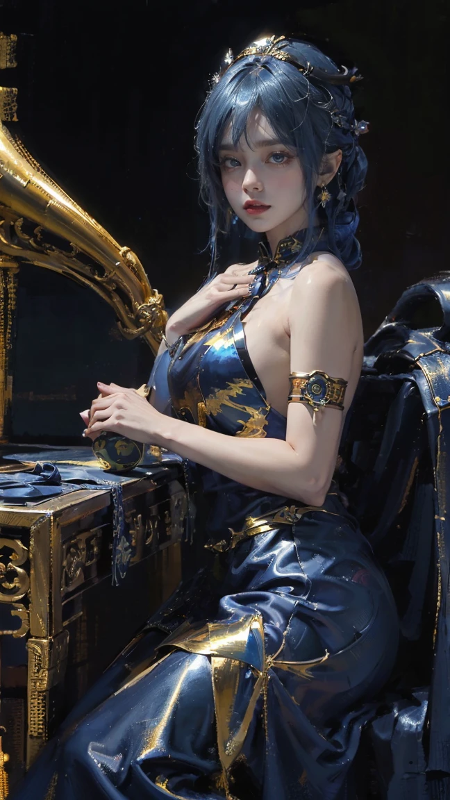 (from sport car :1.5)，Oil painting style,The girl is on the other side,,Gold headdress，(Blue medium hair:1.2)，Late Night,(Blue cheongsam:1.2),(Metal:1.2),(Fat Face:1.2),(Upper body:1.),(Blue armlet:1.1),Crimson lips,With bang