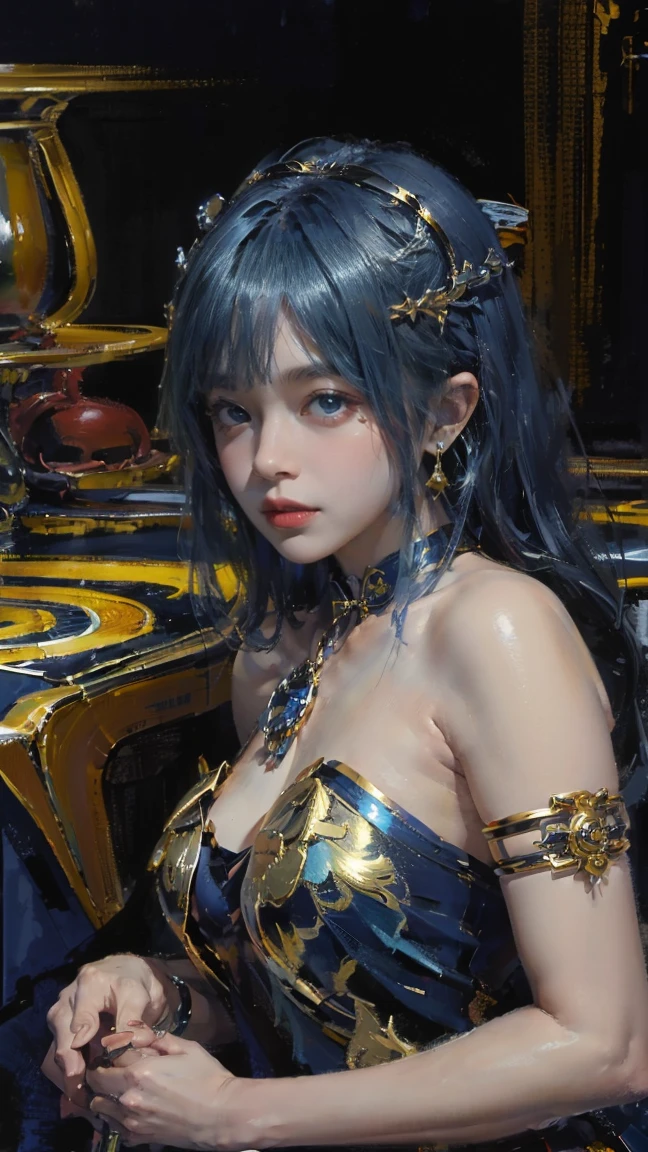 (from sport car :1.5)，Oil painting style,The girl is on the other side,,Gold headdress，(Blue medium hair:1.2)，Late Night,(Blue cheongsam:1.2),(Metal:1.2),(Fat Face:1.2),(Upper body:1.),(Blue armlet:1.1),Crimson lips,With bang