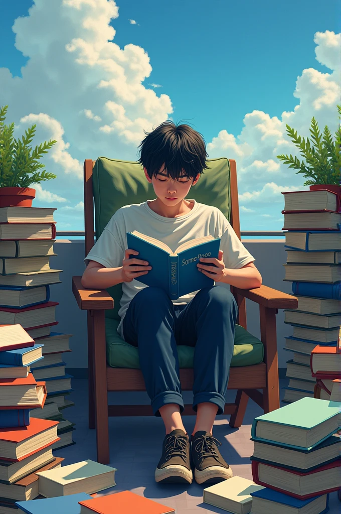 A boy is reading a book sitting in a reclining chair. The name of the book "Some books don't have names." The author of the book is blue. The boy's face is covered with books. The boy is approximately 20 years old. The boy is reading a book while sitting on a reclining chair on the roof of a house.