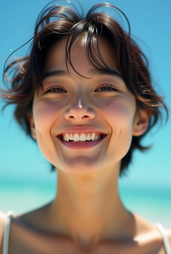 Beautiful woman, short hair, smiling, soft natural skin, Dreamy closeup of a woman in the blue sky. Bright diffused light. Fujicolor C200 film still.