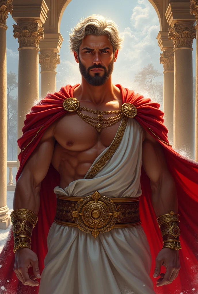 ((artwork)) ((body completo)) ((30 year old man)) body: brownish skin, high, muscular, ((body hair)) ((platinum ruby hair)) male face, barba, beautiful eyes, detailed eyes ((Gold colored eyes)). Expression: Seductive, sonrisa Seductive. CLOTHES: Red Greek Cape, TOGA BLANCA, Gold ornaments, greek prince ornaments. pose: dynamic. scene: greek temple, Greek columns. Decor: winter, decoración de winter brillante, Wonderful lighting. 