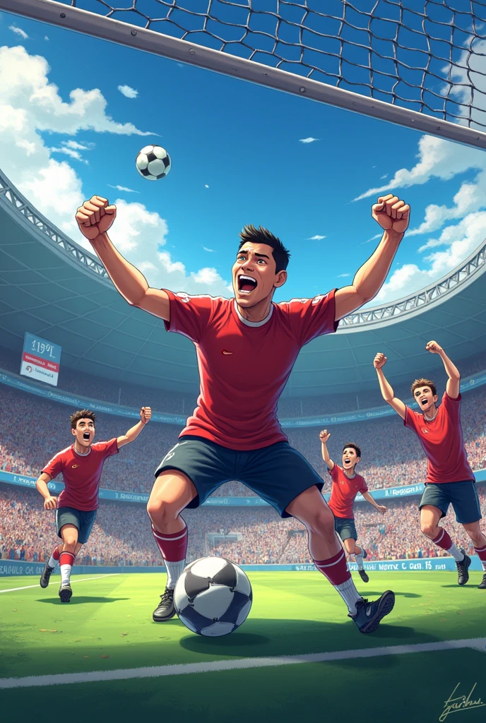 The ball goes into the net and the goal is confirmed, with the scoreboard reflecting the new score. The coach celebrates with a joyful expression while players and fans show their astonishment and cheer.
