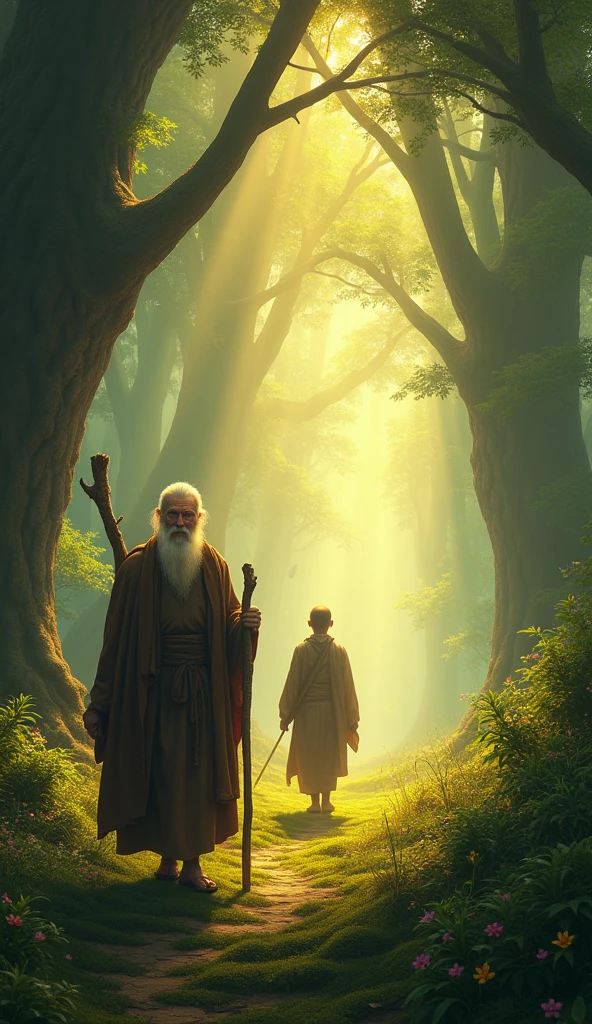 Scene: A dense forest at sunrise, with rays of light filtering through the trees.
Character Description: The wise monk, an elderly man with a calm expression, wearing simple robes and carrying a walking staff. The adult disciple, a nervous-looking young man, walks a few steps behind.