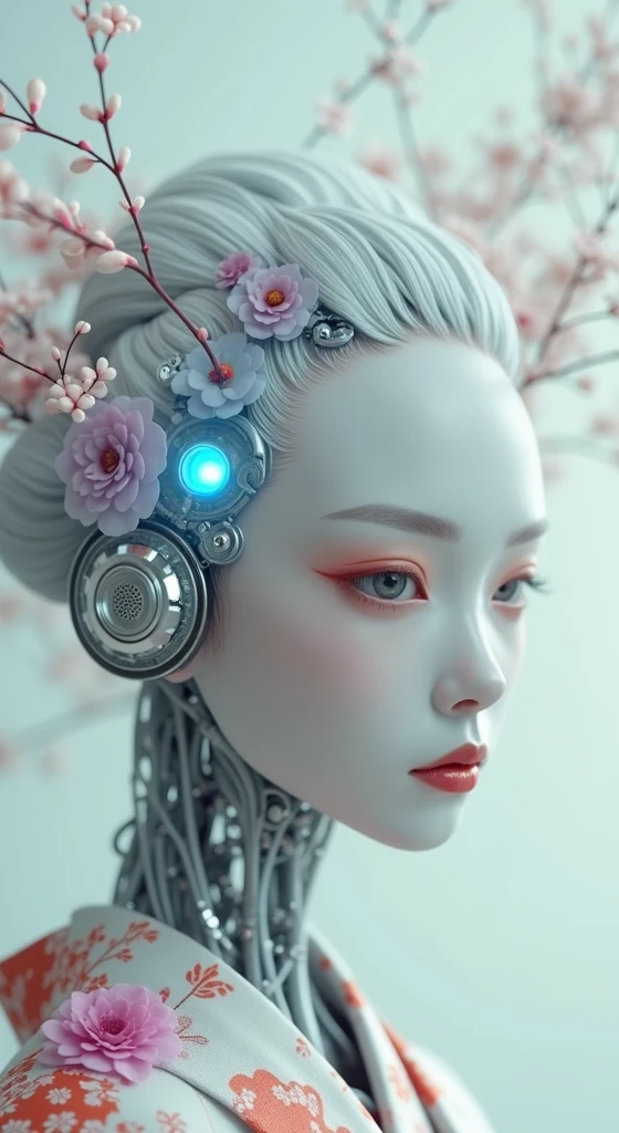 Cyberpunk humanoid robot geisha, flower kimono, very colorful, depressed look, hypermaximalist, elegant, super detailed, 32k, insanely detailed and intricate, Photography, Photoshoot, Shot on 70mm lense