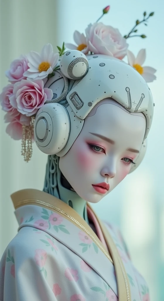 Cyberpunk humanoid robot geisha, flower kimono, very colorful, depressed look, hypermaximalist, elegant, super detailed, 32k, insanely detailed and intricate, Photography, Photoshoot, Shot on 70mm lense