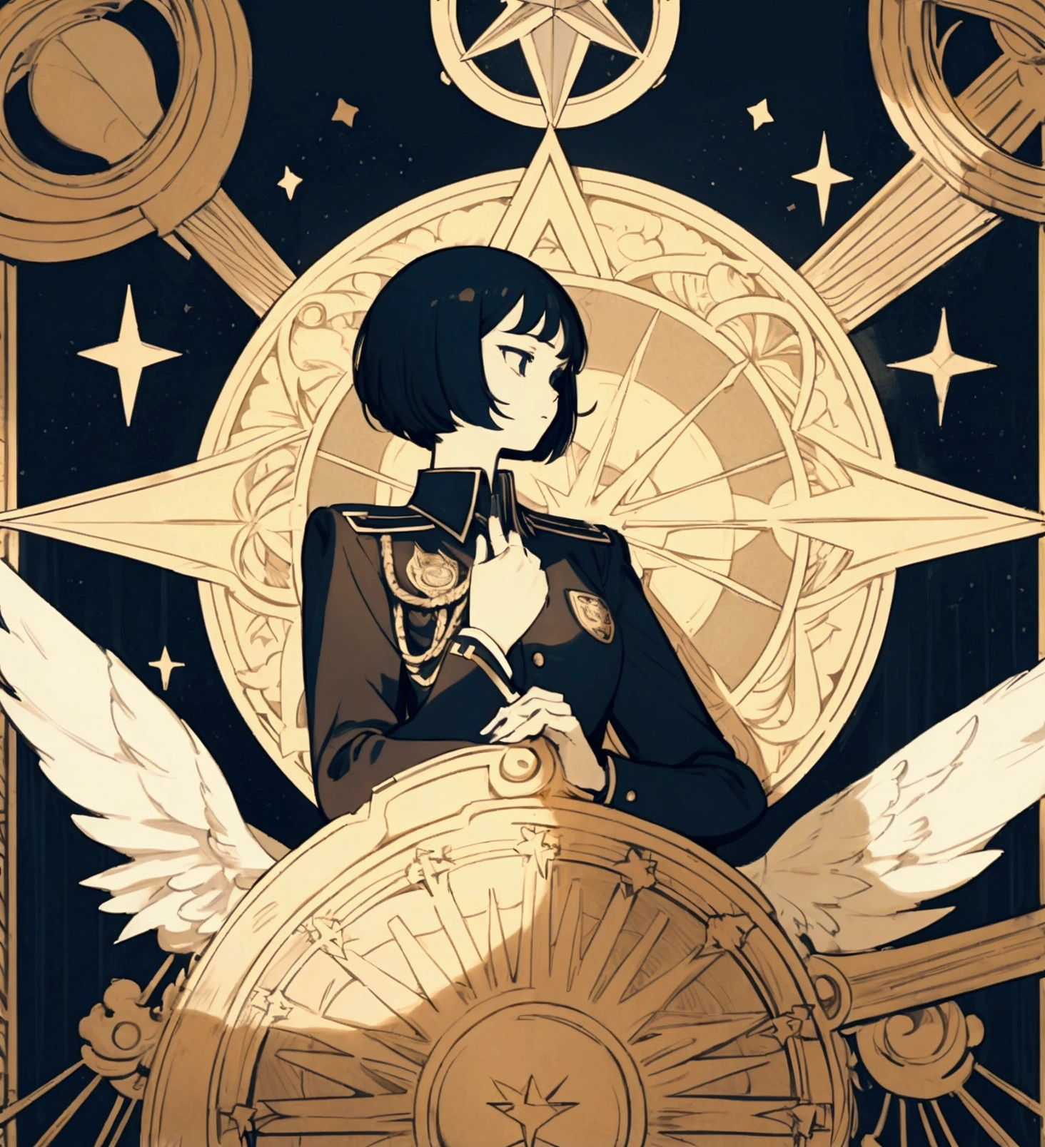 The image is a stylized illustration featuring the silhouette of a character with short hair., looking left. The character appears to be wearing some sort of uniform with visible details such as a collar and what appears to be a badge or emblem on the chest area.. Behind the silhouette, There is an intricate design that resembles a compass or star pattern with multiple points extending outward. The background contains geometric shapes and stars, suggesting a celestial or magical theme. The entire image is framed by an ornate border that adds a decorative touch to the art..