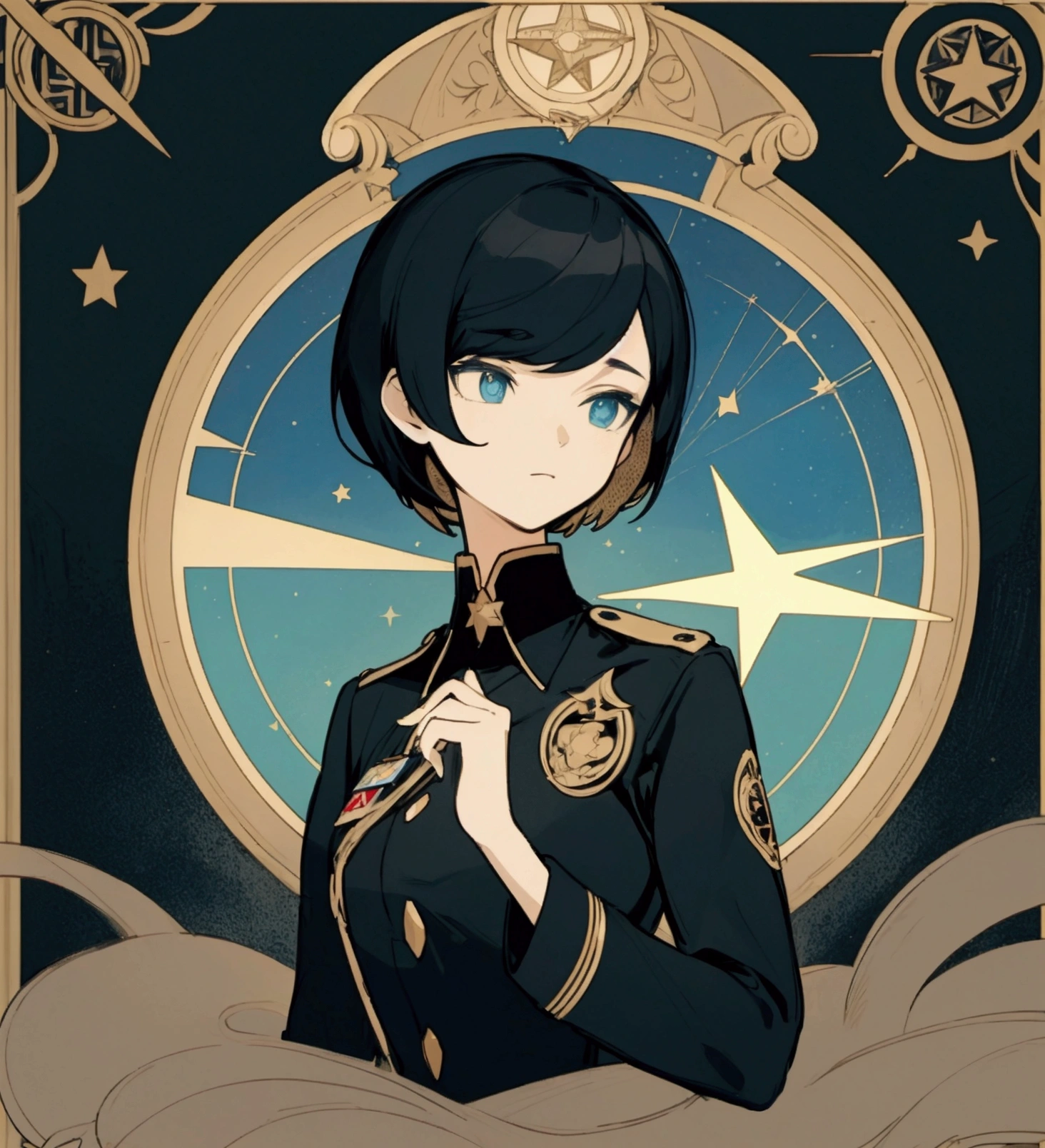 The image is a stylized illustration featuring the silhouette of a character with short hair., looking left. The character appears to be wearing some sort of uniform with visible details such as a collar and what appears to be a badge or emblem on the chest area.. Behind the silhouette, There is an intricate design that resembles a compass or star pattern with multiple points extending outward. The background contains geometric shapes and stars, suggesting a celestial or magical theme. The entire image is framed by an ornate border that adds a decorative touch to the art..
